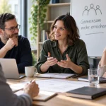 Mehrere Personen sitzen gleichrangig in einer Versammlung zusammen, eine Person spricht – Sinnbild für die Generalversammlung einer Genossenschaft.