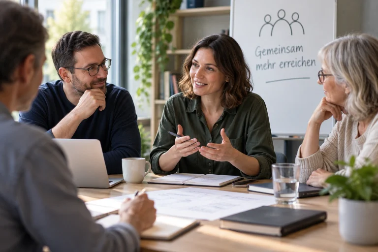 Mehrere Personen sitzen gleichrangig in einer Versammlung zusammen, eine Person spricht – Sinnbild für die Generalversammlung einer Genossenschaft.