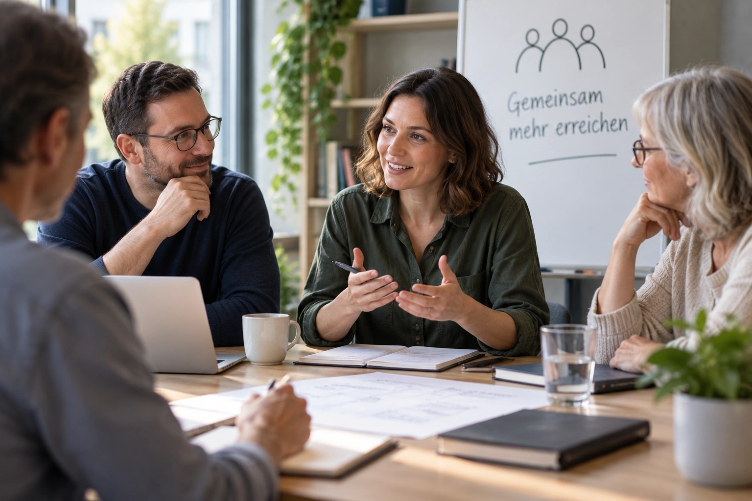 Mehrere Personen sitzen gleichrangig in einer Versammlung zusammen, eine Person spricht – Sinnbild für die Generalversammlung einer Genossenschaft.