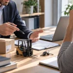 Auf einem Schreibtisch liegen ein Gabelstapler-Modell, ein Schlüsselbund und ein Vertrag, zwei Personen besprechen die Übergabe – Sinnbild für Finanzierung über den Kauf oder die Nutzung eines realen Guts.