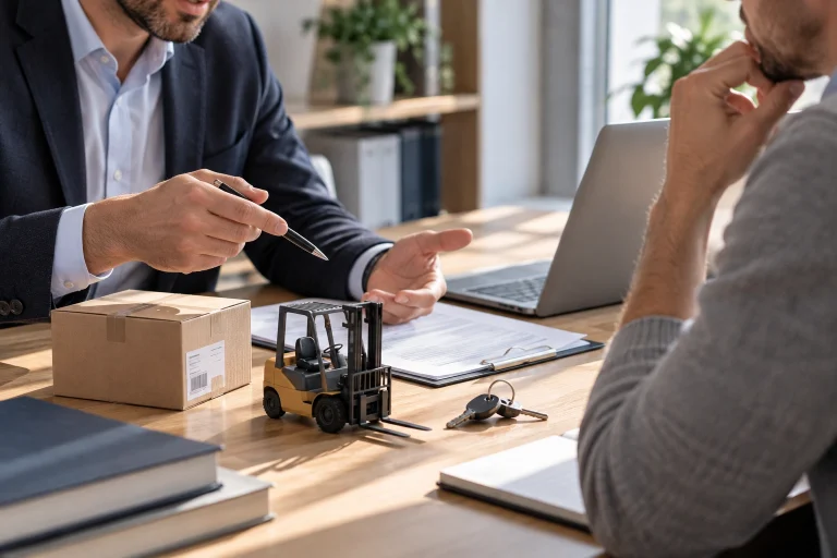 Auf einem Schreibtisch liegen ein Gabelstapler-Modell, ein Schlüsselbund und ein Vertrag, zwei Personen besprechen die Übergabe – Sinnbild für Finanzierung über den Kauf oder die Nutzung eines realen Guts.