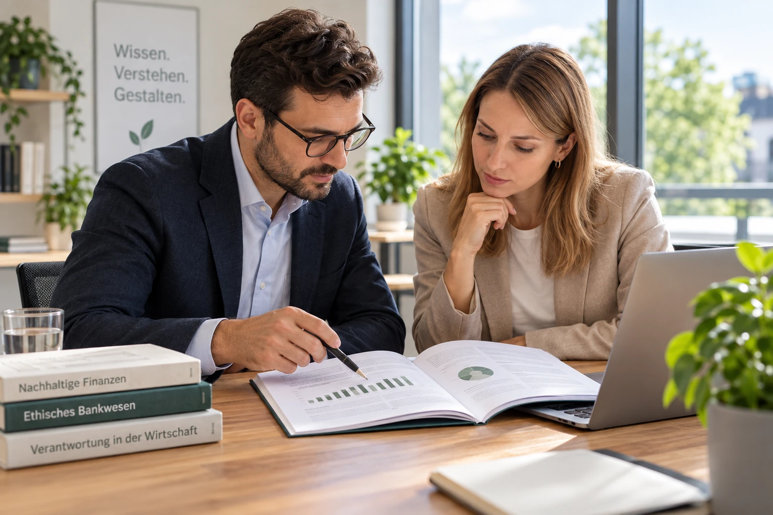 Zwei Personen prüfen an einem Besprechungstisch einen gedruckten Bericht mit Diagrammen; daneben Fachbücher zu ethischem Bankwesen und nachhaltigen Finanzen.
