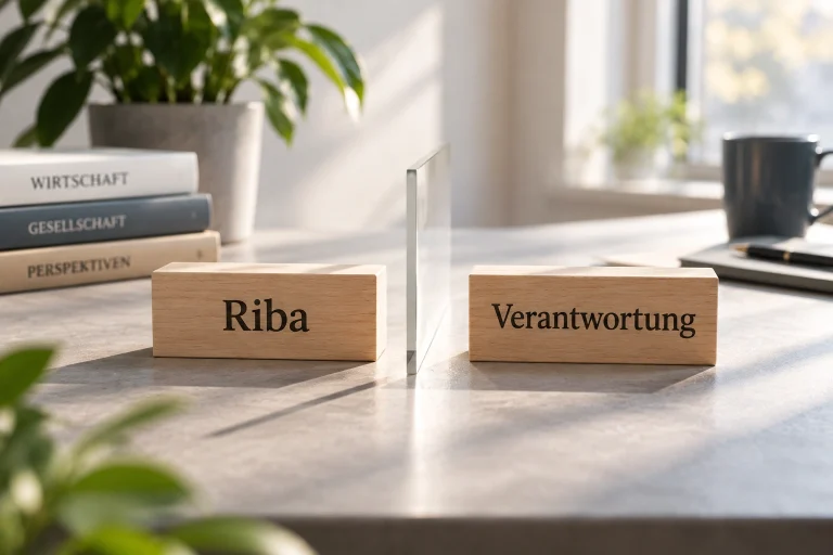 Zwei Holzklötze mit den Aufschriften „Riba“ und „Verantwortung“, getrennt durch eine Glasscheibe, daneben Bücher zu Wirtschaft, Gesellschaft und Perspektiven – Sinnbild für Begriffsklärung und Grenzziehung.