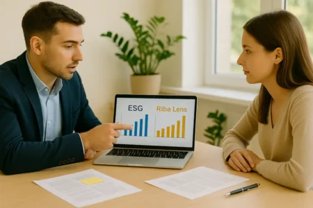 Zwei Finanzanalyst:innen diskutieren im Büro über Diagramme mit den Beschriftungen ESG und Riba-Linse – Symbol für ethische und nachhaltige Investitionsentscheidungen nach dem Ribafrei-Prinzip.