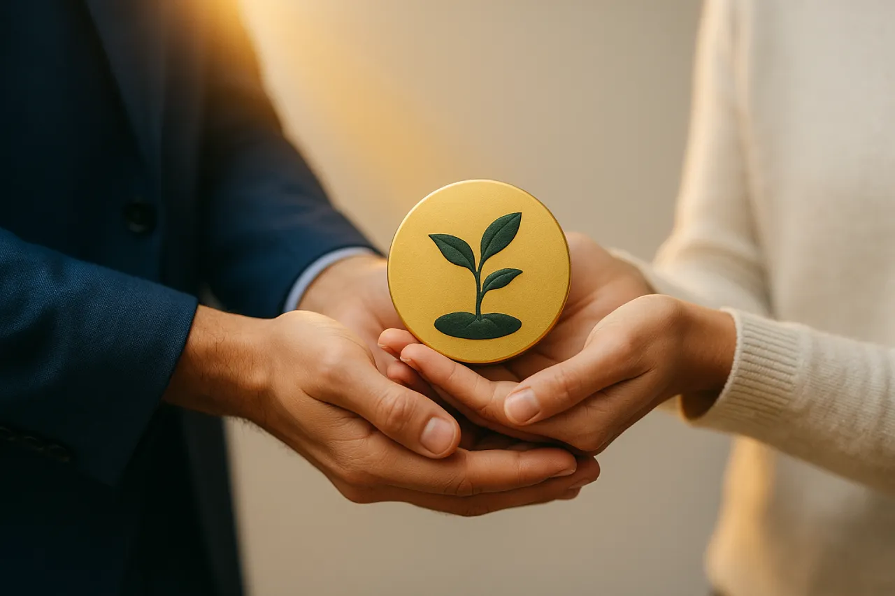 Zinsfrei investieren: Zwei Menschen halten gemeinsam eine wachsende Pflanze in Form einer goldenen Münze – Symbol für zinsfreies, ethisches Investieren und partnerschaftliches Wachstum.