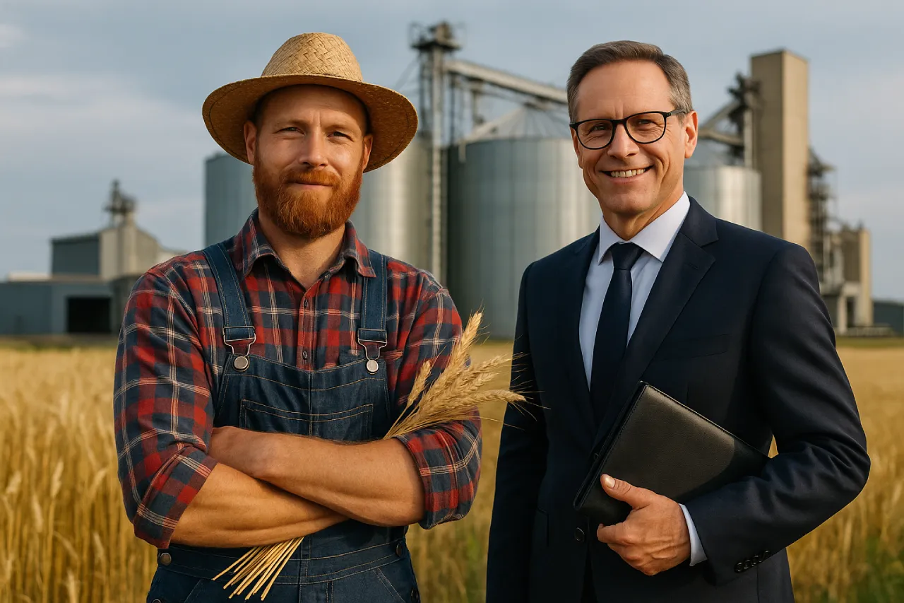 Bauer und Investor stehen gemeinsam vor einer modernen Produktionsanlage und symbolisieren faire, zinsfreie Risikoteilung in der Realwirtschaft.