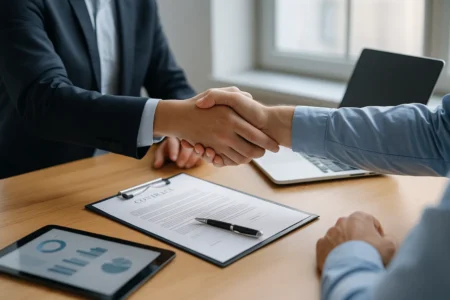 Zwei Geschäftspartner reichen sich über einem Vertrag die Hand – Symbol für Vertrauen, Kooperation und faire Risikoteilung ohne Zinsen.