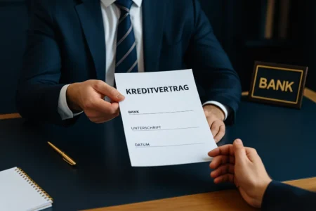 Schuldgeld - Banker überreicht Kreditvertrag – Symbol für Geldschöpfung durch Schulden im modernen Finanzsystem