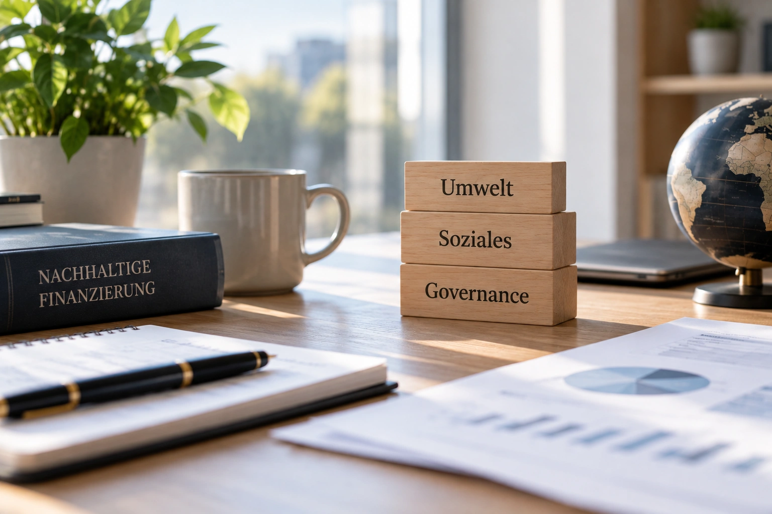 Drei gestapelte Holzklötze mit den Aufschriften „Umwelt“, „Soziales“ und „Governance“ auf einem Schreibtisch neben einem Buch zur nachhaltigen Finanzierung – Sinnbild für die drei Faktoren verantwortungsbewussten Investierens.