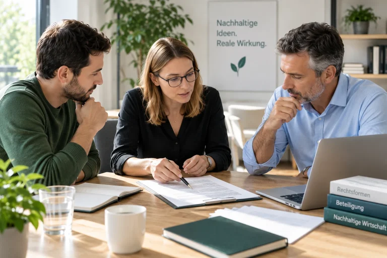 Drei Personen besprechen an einem Tisch einen Vertragsentwurf; daneben Bücher zu Rechtsformen und Beteiligung.