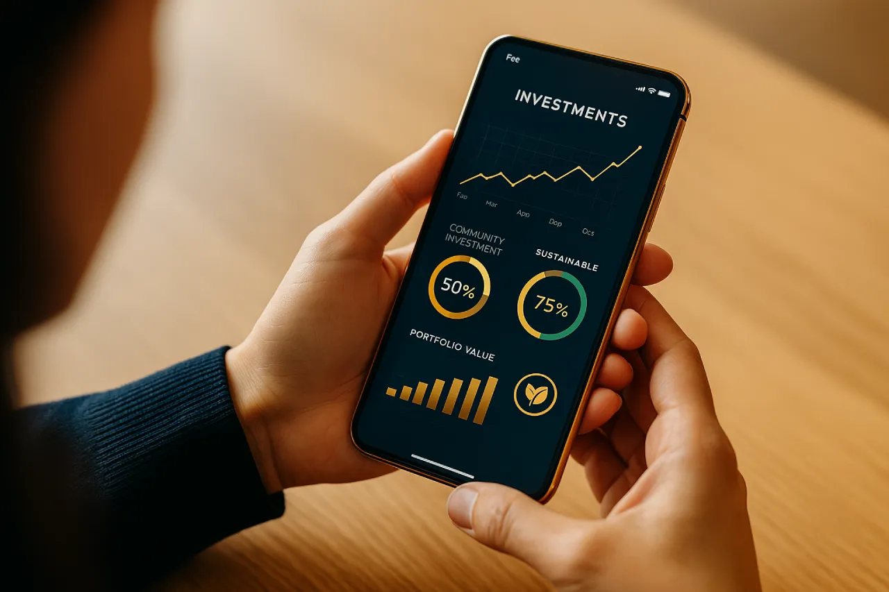 Zinsfreie FinTechs – Smartphone mit ethischer Finanz-App auf Schreibtisch – Symbol für zinsfreie FinTechs und nachhaltige Geldanlage im Alltag